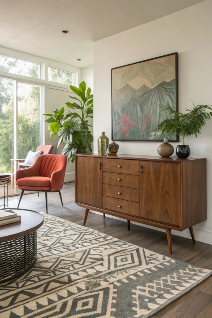 mid-century modern living room showcasing a rich walnut cabinet with tapered legs and subtle finger pulls. Retro decor includes a geometric-patterned rug, an Eames chair in a bold color, and a low-profile sofa. A large abstract painting and potted plants add personality, with natural light creating a chic, timeless vibe