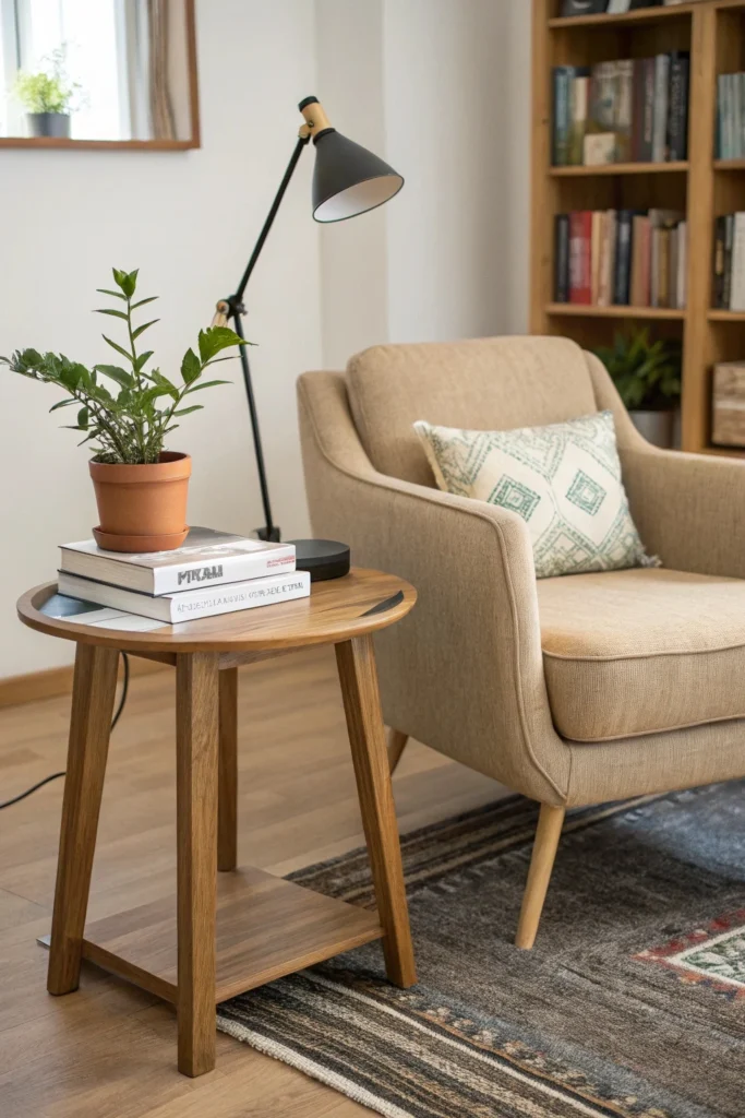 minimalist wooden side table next to a cozy armchair, featuring a potted plant, stack of books, and reading lamp. Soft area rug and bookshelf in the background