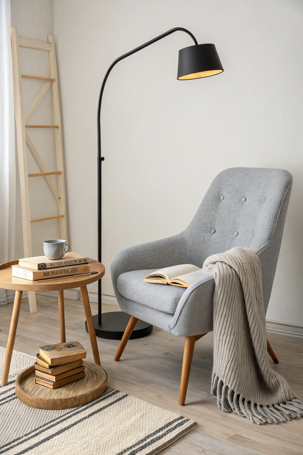 modern reading nook featuring a sleek, high-back armchair in soft gray fabric with wooden legs. A minimalist black metal floor lamp arches over the chair, providing focused lighting. A round wooden side table holds a stack of books and a ceramic mug. A soft area rug and a cozy throw blanket complete the stylish and inviting reading space.