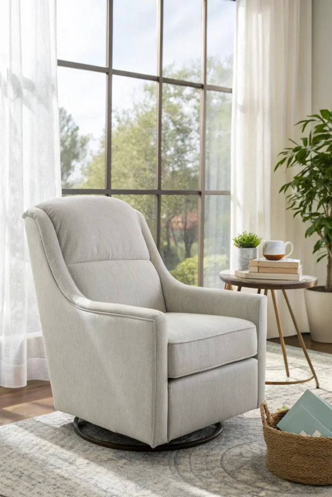 A modern light gray swivel glider chair with a smooth, curved design and matching footrest, placed in a bright reading nook. The nook features a large window with sheer curtains, a side table with a cup of tea and a book, and a potted plant for greenery.