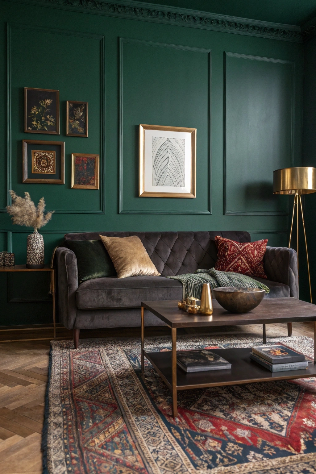 dark bohemian living room with deep emerald green walls, a charcoal velvet sofa, gold-framed abstract art, and a dark wood coffee table. Warm lighting from a brass floor lamp and a Persian rug in jewel tones.