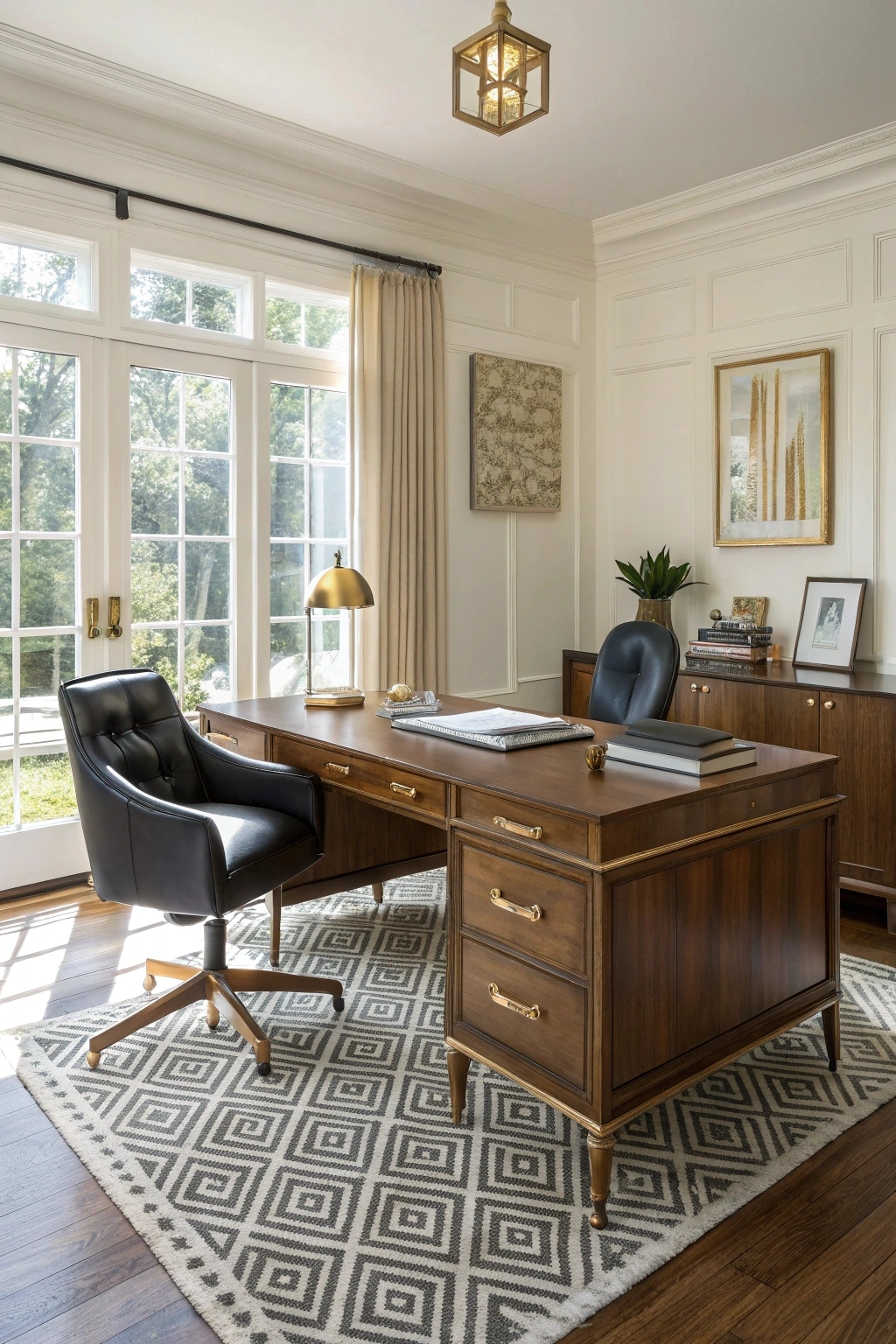 A classic mid-century modern executive home office with a large walnut desk, black leather executive chair, brass accents, and a geometric rug under natural sunlight.