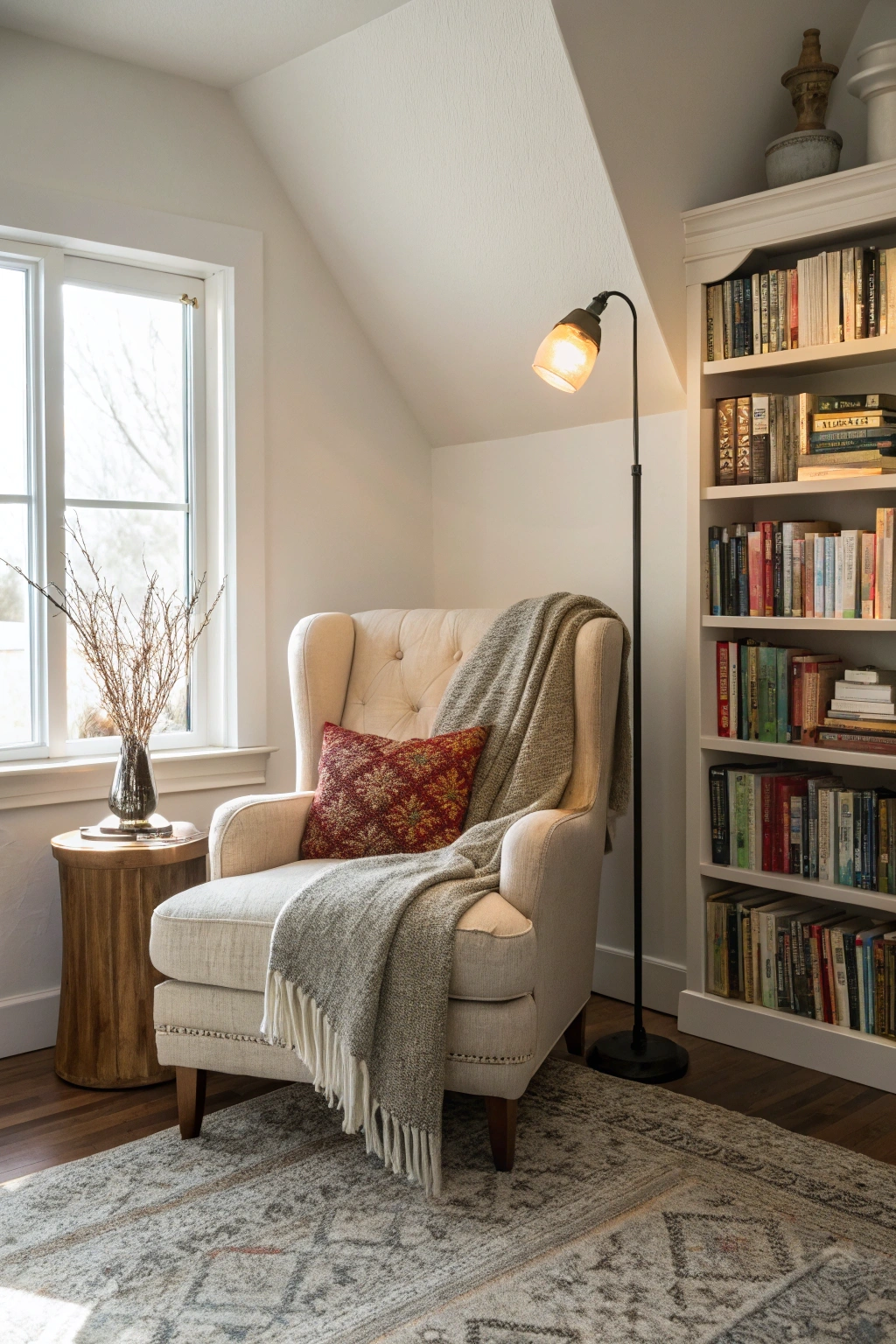 cozy reading nook in the corner of a room with a comfortable armchair, a bookshelf overflowing with books, and a warm floor lamp.