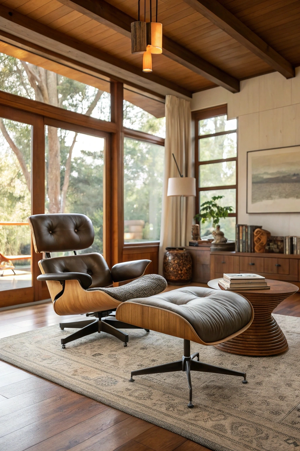 Mid-century modern living room with Eames Lounge Chair and Ottoman.