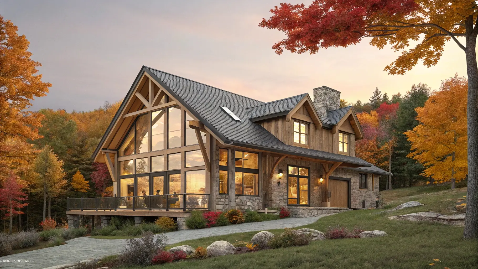 newly built timber frame home nestled amongst a backdrop of colorful autumn trees