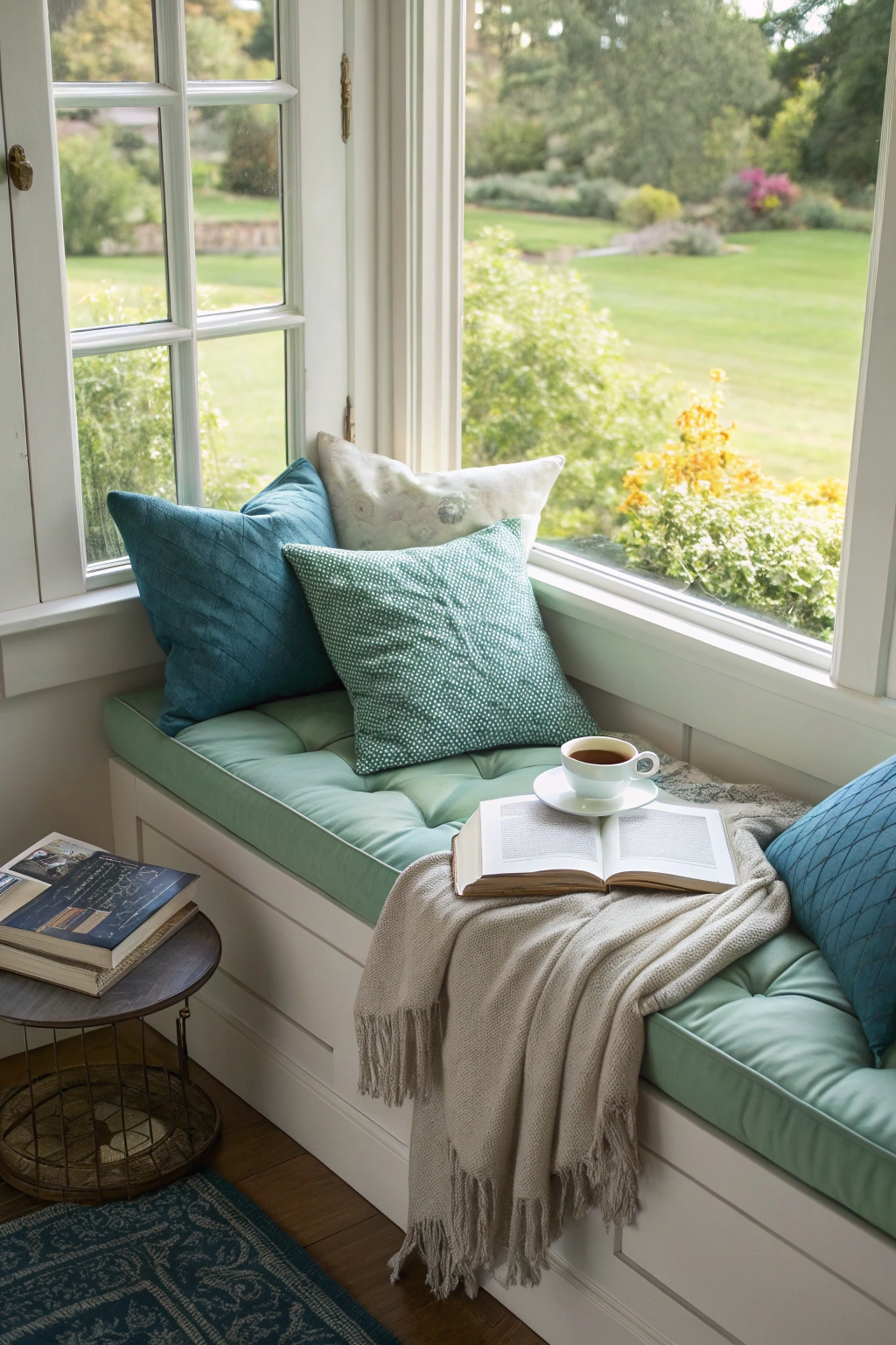 cozy reading nook in a window seat with plush cushions, a throw blanket, and a cup of tea. Sunlight streams through the window, revealing a garden view.