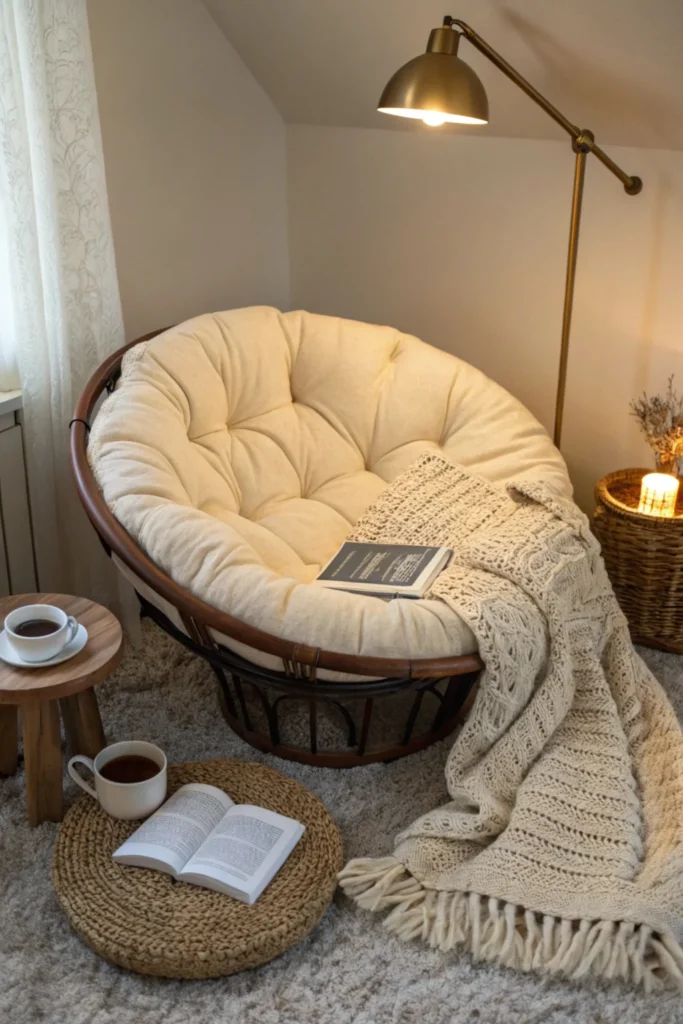 A round cream-colored Papasan chair with a deep cushion, placed on a fluffy rug in a cozy reading nook. The nook includes a floor lamp, a side table with a cup of coffee and a book, and a knitted throw blanket for added warmth.