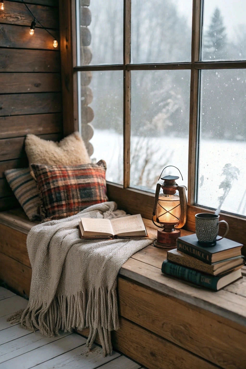 rustic reading nook by a large farmhouse window with a built-in wooden bench covered in soft plaid cushions and a chunky knit blanket. A vintage lantern on the windowsill casts a warm glow, while snow falls softly outside the frosted glass. Stacks of books and a steaming mug of hot cocoa add to the cozy winter atmosphere.