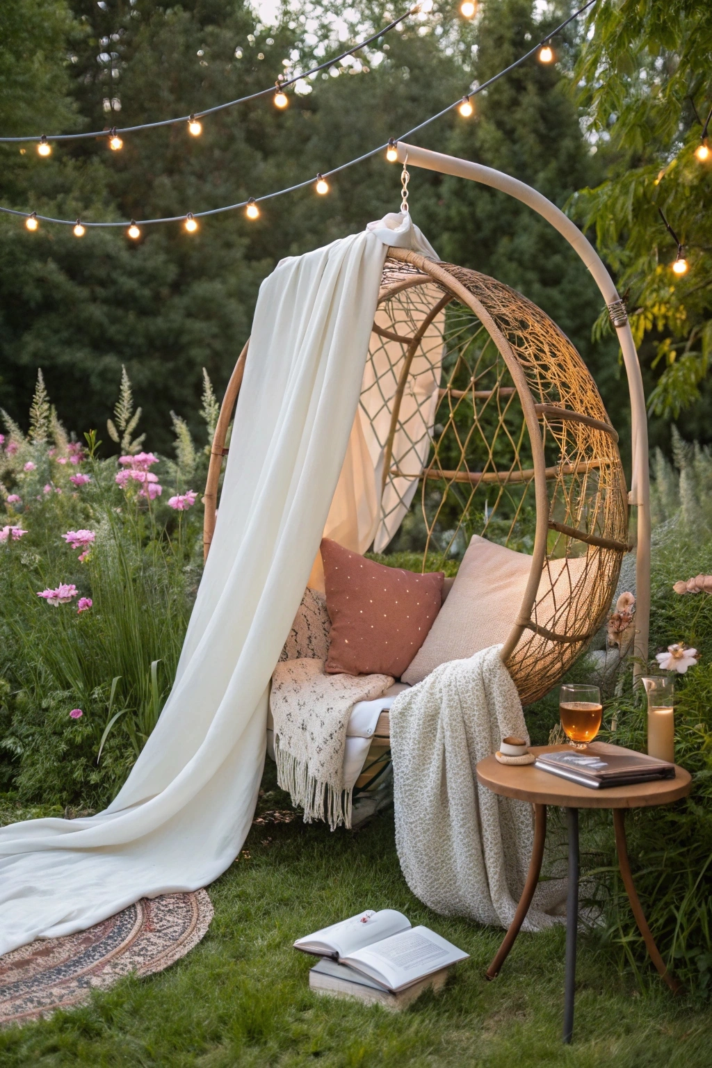 peaceful outdoor reading nook in a lush garden with a white canopy draped over a hanging rattan chair filled with soft cushions and a cozy throw blanket. Blooming flowers and tall greenery surround the space, while string lights glow softly above. A small wooden side table holds a stack of books and a glass of iced tea, creating a relaxing retreat.