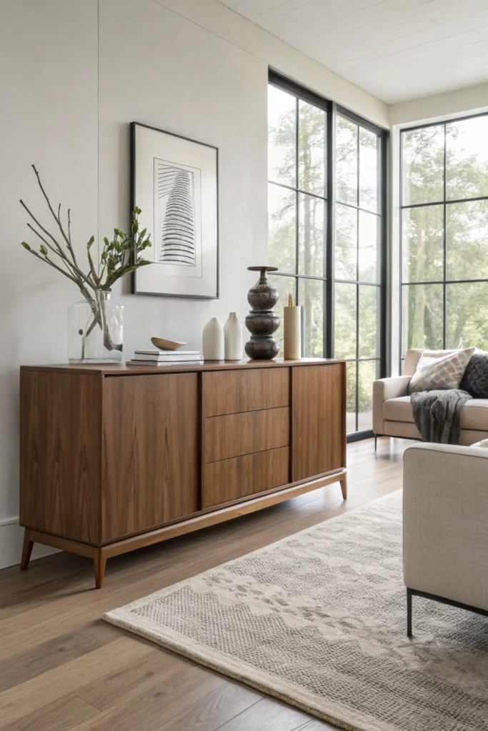 minimalist living room with a matte-finished brown wood cabinet. The cabinet has clean lines and is paired with a neutral-toned sofa, a simple area rug, and curated decor like a sculptural vase and abstract art. Large windows let in natural light, highlighting the simplicity and elegance of the modern design.