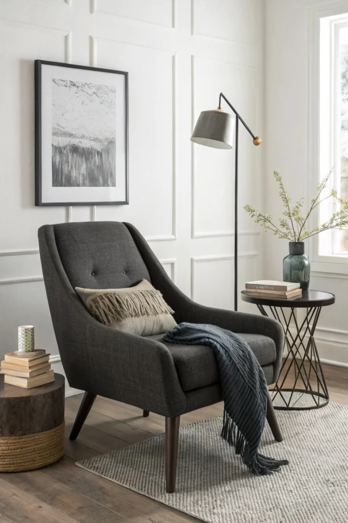 A sleek charcoal gray modern accent chair with clean lines and a low profile, placed in a minimalist reading nook. The nook features a monochrome color scheme, a geometric floor lamp, abstract wall art, and a cozy throw blanket