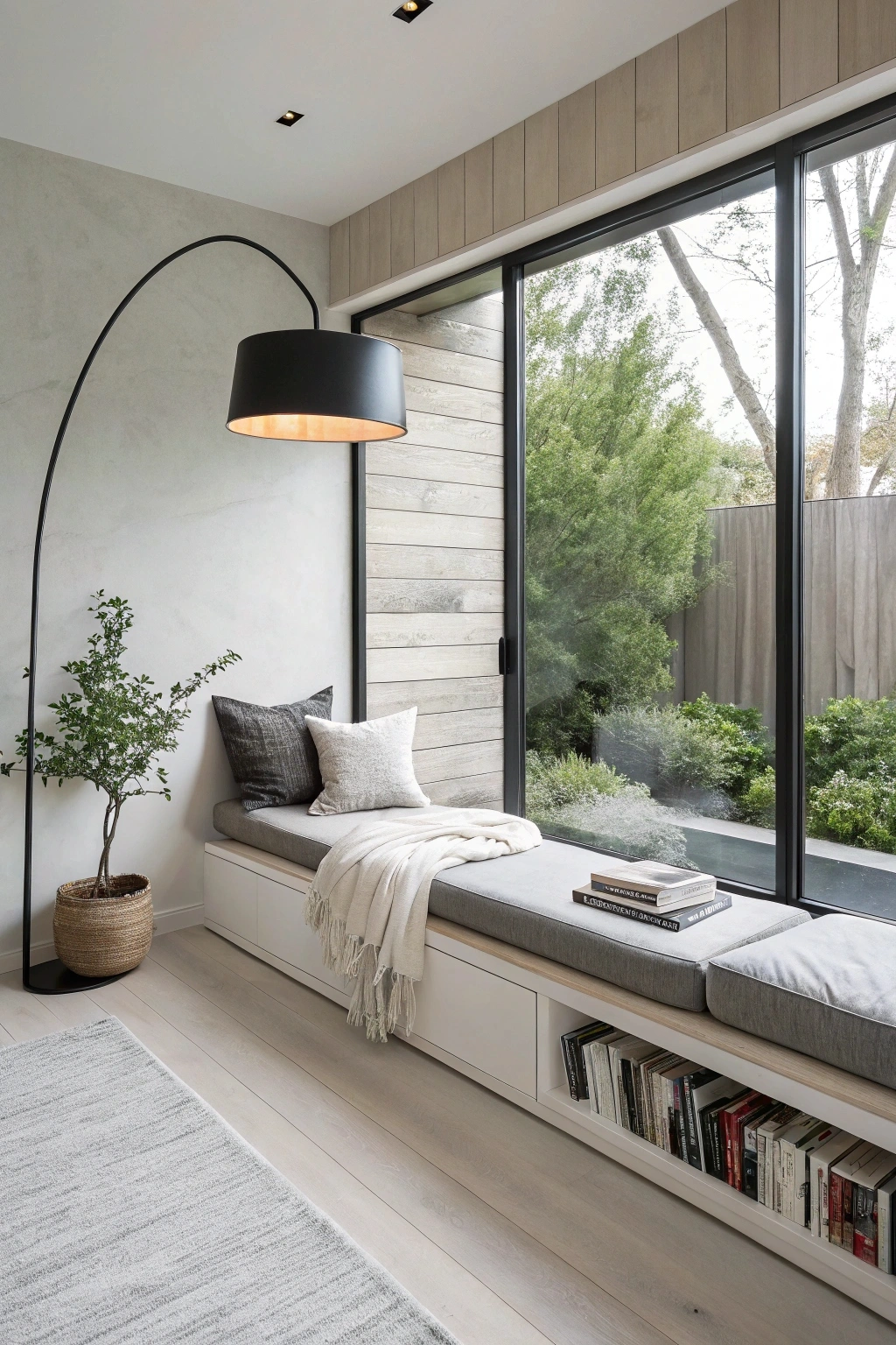 A sleek modern reading nook with a built-in floating bench by a large floor-to-ceiling window. The bench is decorated with plush gray cushions and a soft white throw blanket. A minimalist black floor lamp arches overhead, and a slim side table holds neatly stacked monochrome books. The space features neutral tones, clean lines, and a small potted plant for a touch of greenery.