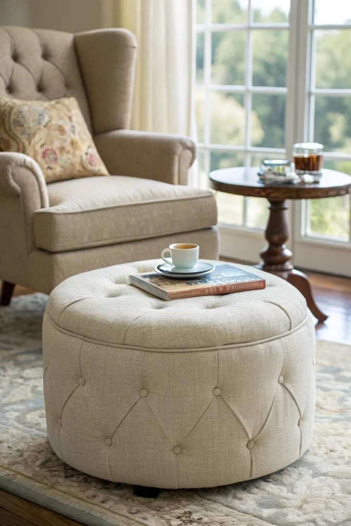 soft upholstered ottoman in a neutral color, placed in front of a cozy armchair with a tray holding a teacup and book. Natural light streams through a window.