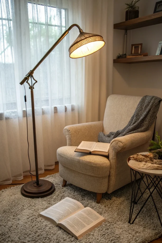 stylish floor lamp with an adjustable arm next to a cozy armchair, illuminating an open book on a side table. Plush rug and sheer curtains in the background.