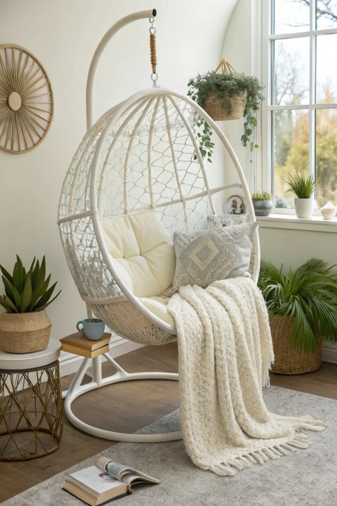 A stylish white wicker hanging egg chair with a soft cushion and throw pillow, suspended in a cozy reading nook. The nook is surrounded by potted plants, a side table with a cup of tea and a book, and natural light from a nearby window.