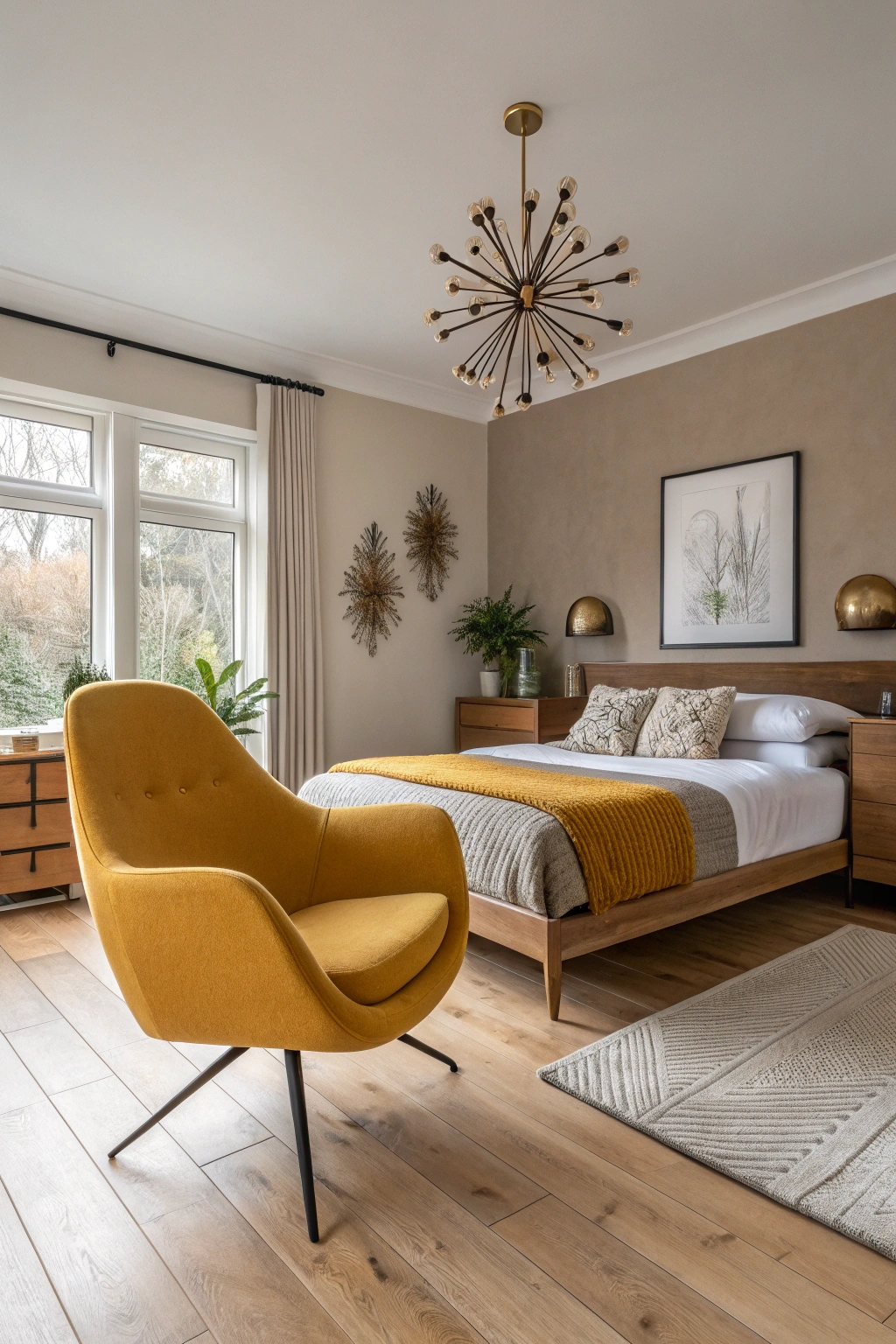 mid-century modern bedroom with mustard yellow accent chair and retro lighting