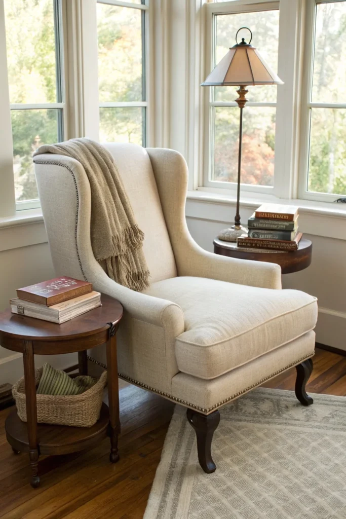 A timeless beige wingback chair with a high back and winged sides, placed in a cozy reading nook. The chair features a plush cushion, a matching ottoman, and a soft throw blanket. The nook includes a side table with a reading lamp, a stack of books, and warm natural lighting