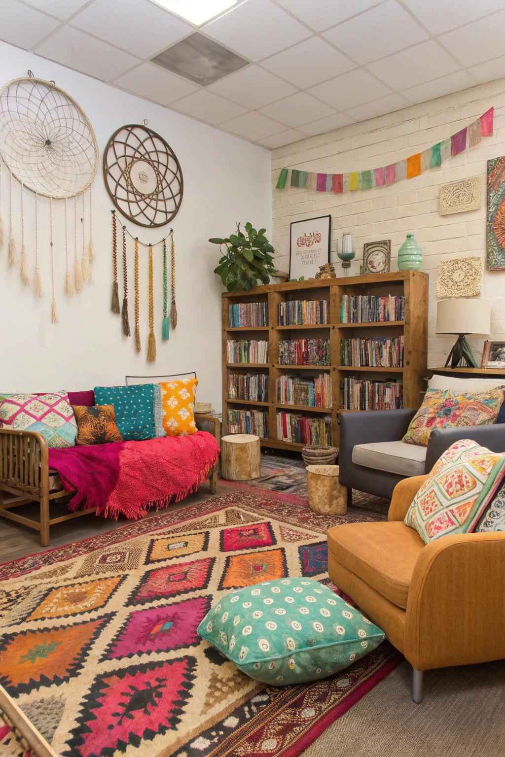 vibrant and eclectic bohemian library office with mismatched furniture, colorful throw pillows, and patterned rugs.