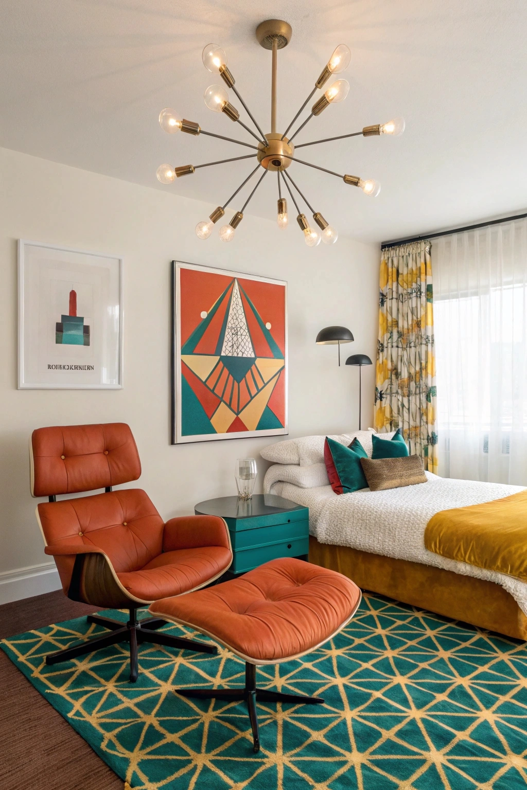 Mid-century modern eclectic bedroom design featuring iconic furniture and a bold color palette.