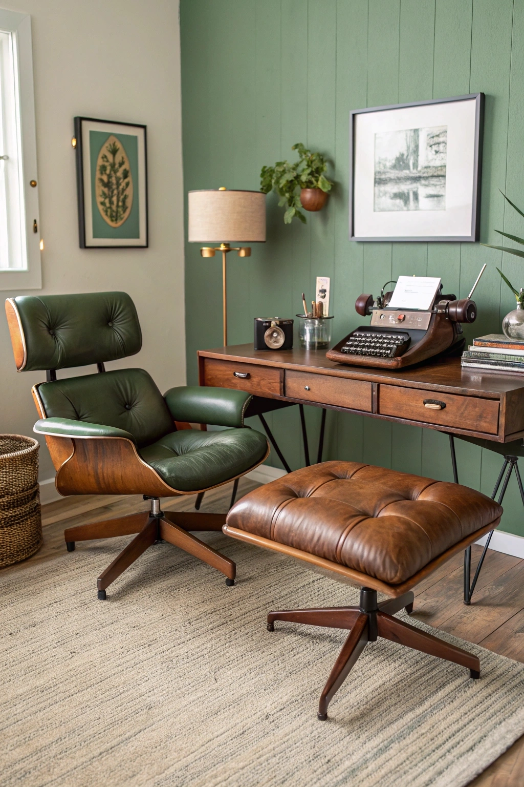 vintage-inspired mid-century modern home office featuring a restored Eames lounge chair and ottoman, walnut desk with brass legs, vintage typewriter, rotary phone, and avocado green walls.