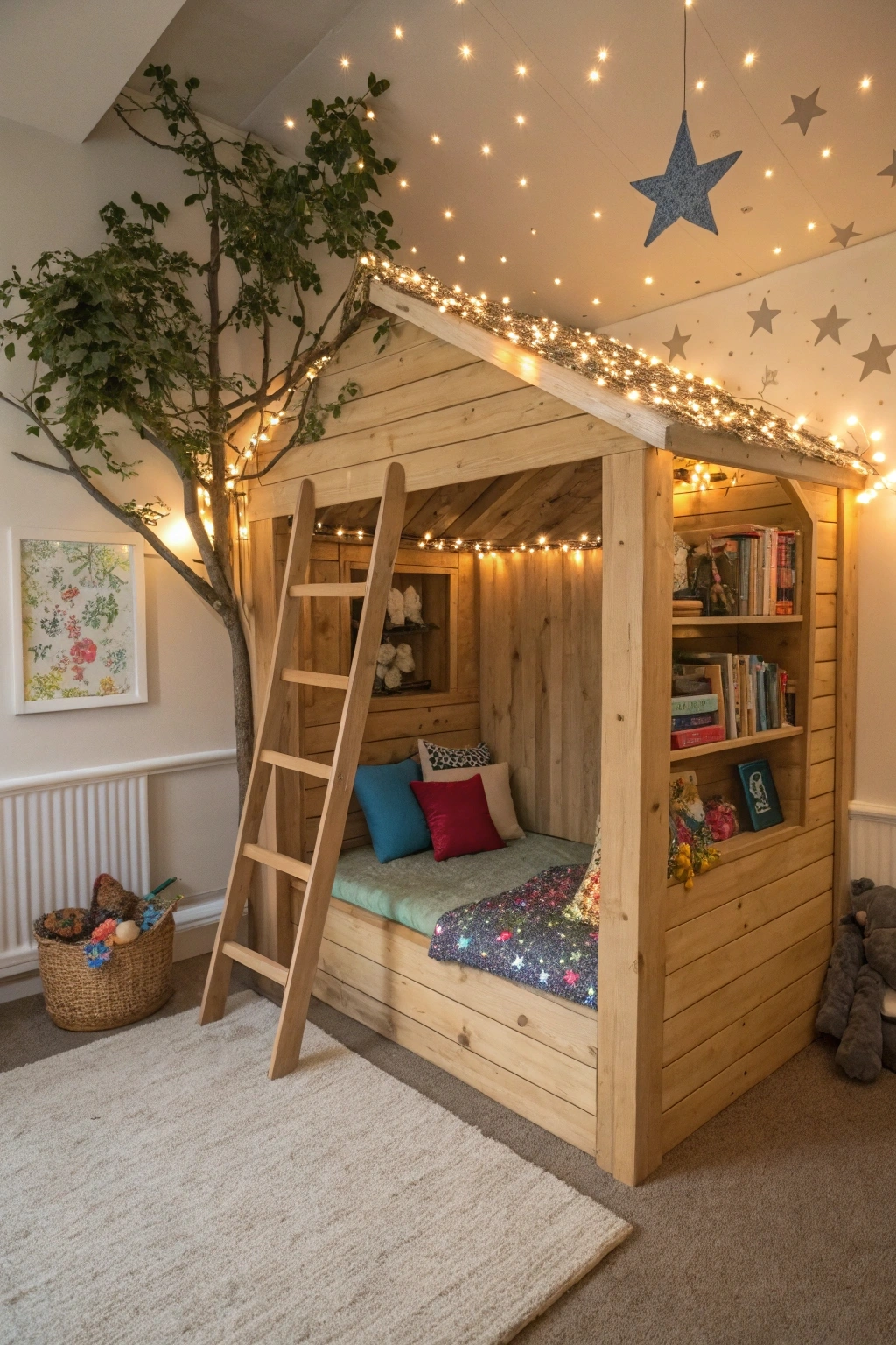 indoor treehouse-themed reading nook for kids with wooden panels, a soft carpet, and colorful cushions. Fairy lights hang from faux branches, and a small ladder leads to a cozy loft filled with books. The space is decorated with stuffed animals and a starry night ceiling, creating a magical and playful atmosphere.