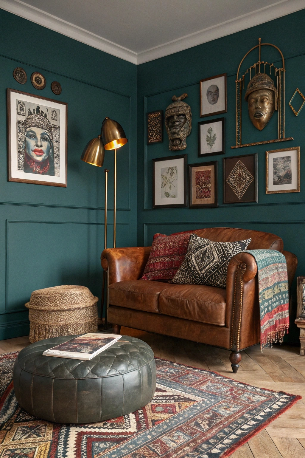 An eclectic dark bohemian living room with a vintage leather armchair, a faded Persian rug, and a Moroccan pouf. Tribal masks, a gallery wall of vintage prints, and brass accents create a globally inspired vibe.