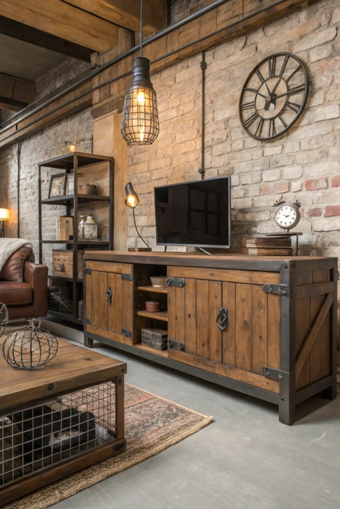 industrial-style living room with a reclaimed brown wood cabinet featuring metal accents. The cabinet is paired with exposed brick walls, Edison bulb lighting, and a concrete coffee table. Vintage factory-style accessories like a metal clock and wire baskets enhance the rugged, edgy aesthetic.