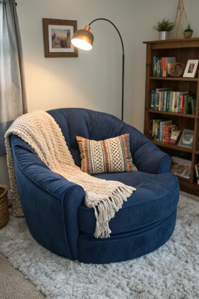 An oversized navy blue plush armchair with thick cushions and a rounded back, nestled in a cozy reading nook. The space includes a fluffy area rug, a glowing floor lamp, a small bookshelf, and a knitted throw blanket for added comfort