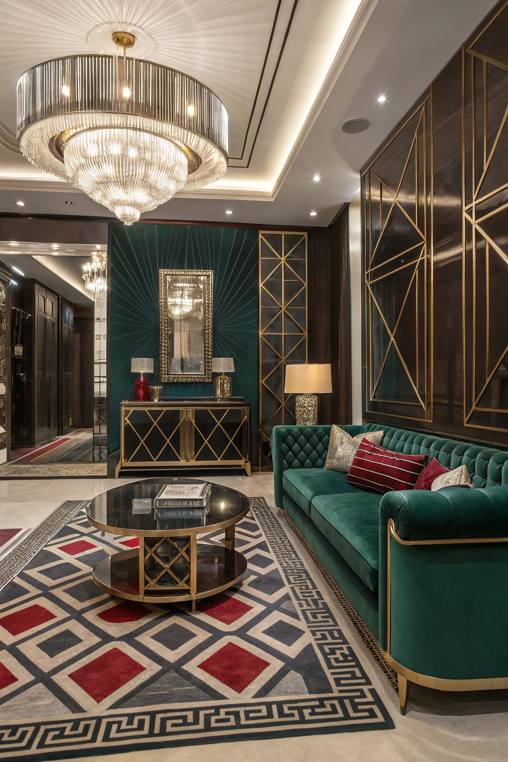 Art Deco-inspired Chelsea living room with geometric shapes, metallic accents, and luxurious velvet furniture, exuding sophistication.