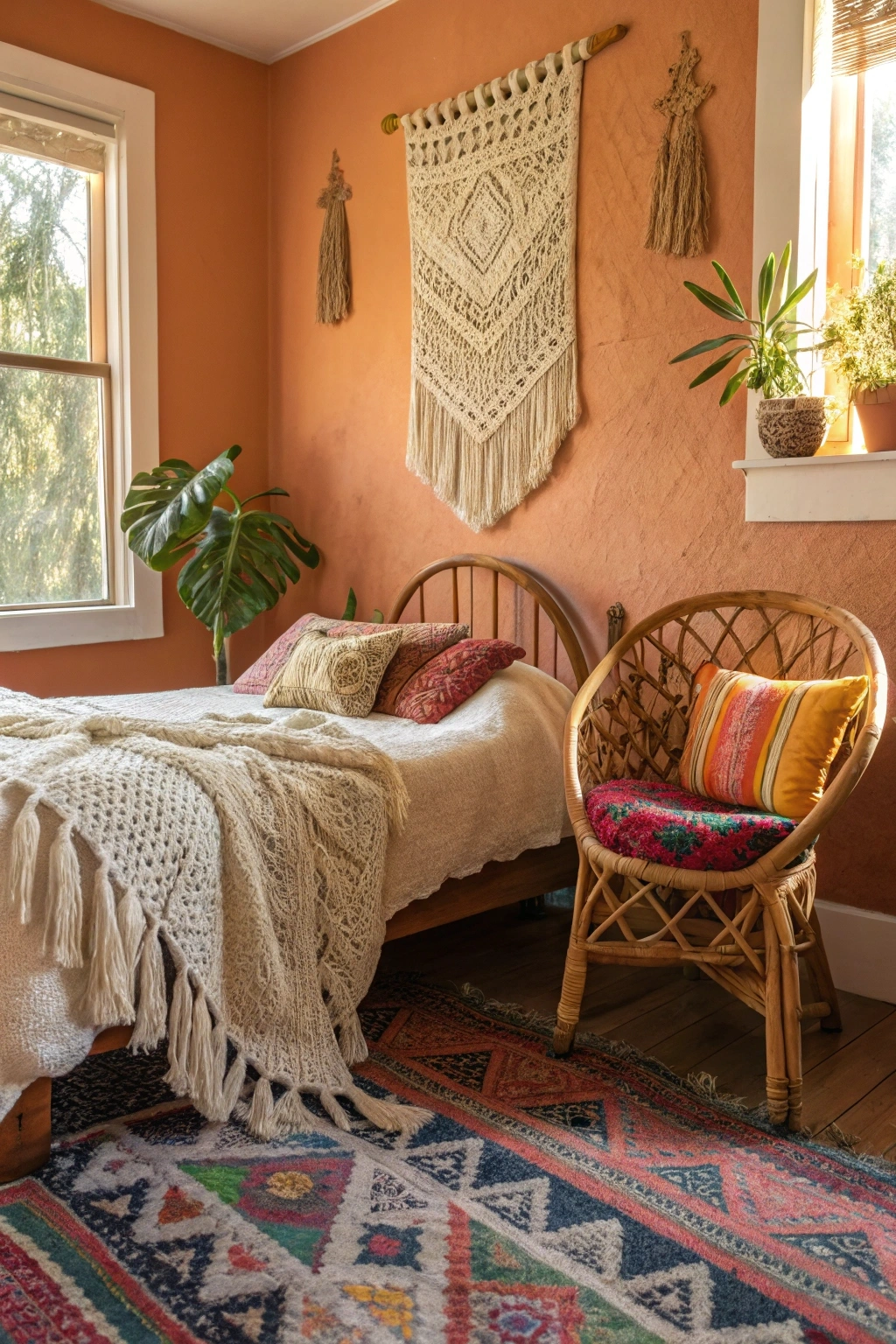 Bohemian eclectic bedroom design with global-inspired decor, including a kilim rug and rattan furniture.