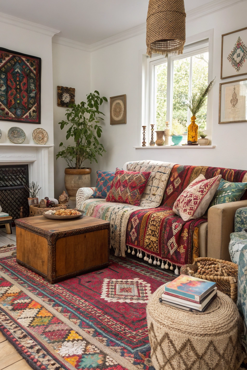 Bohemian-style Chelsea living room with patterned rugs, embroidered cushions, and handcrafted furniture, creating a vibrant and eclectic space.