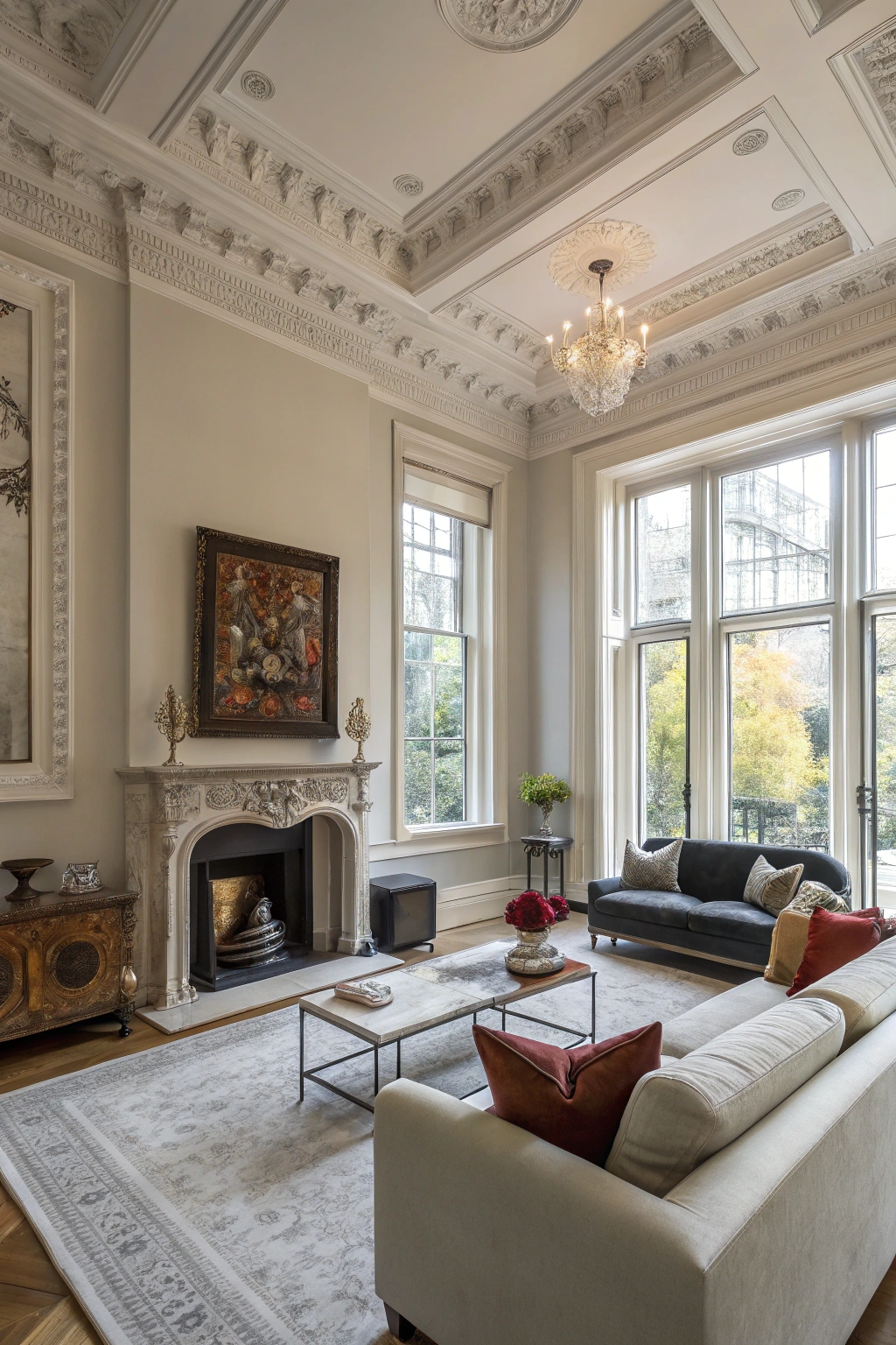 Chelsea living room with a restored fireplace, minimalist sofa, and modern art, blending classic and contemporary styles.