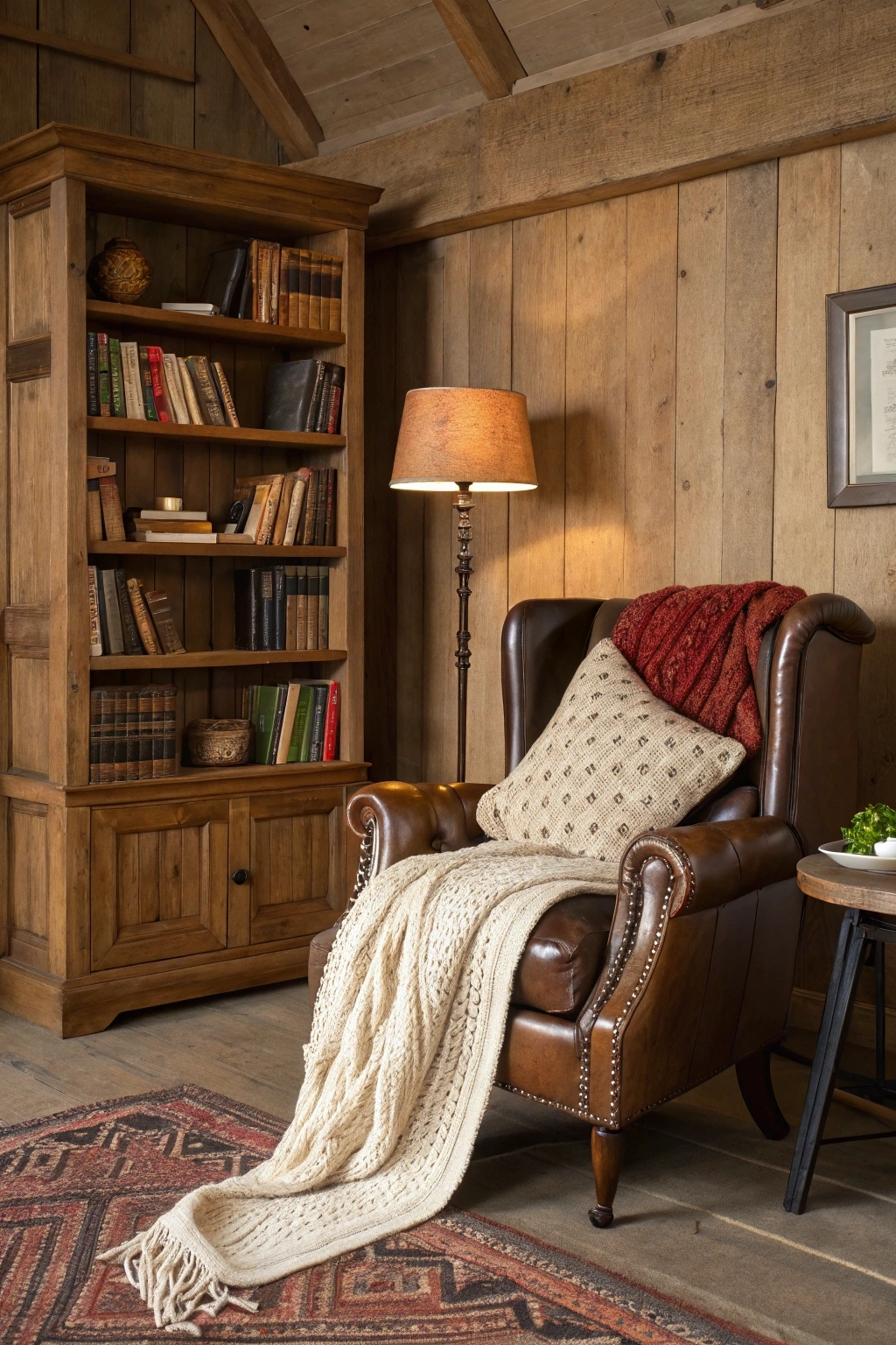 Charming rustic reading nook with a leather armchair, wooden bookshelf, and warm, earthy tones