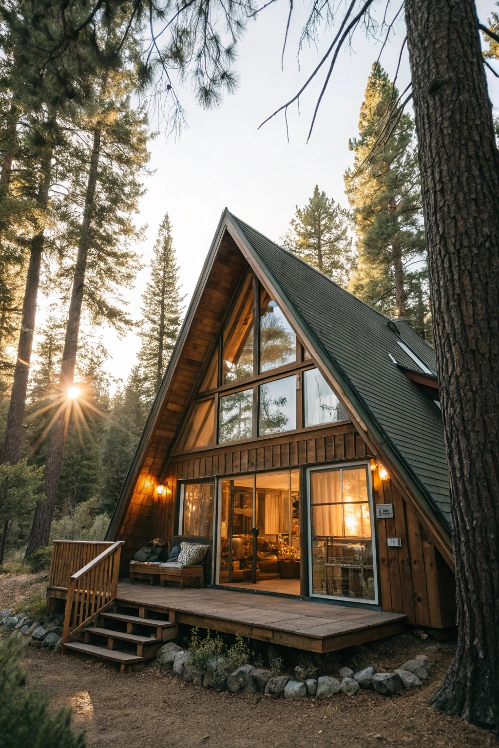 Cozy A-frame cabin with a steeply pitched roof, large windows, and a loft space, surrounded by pine trees