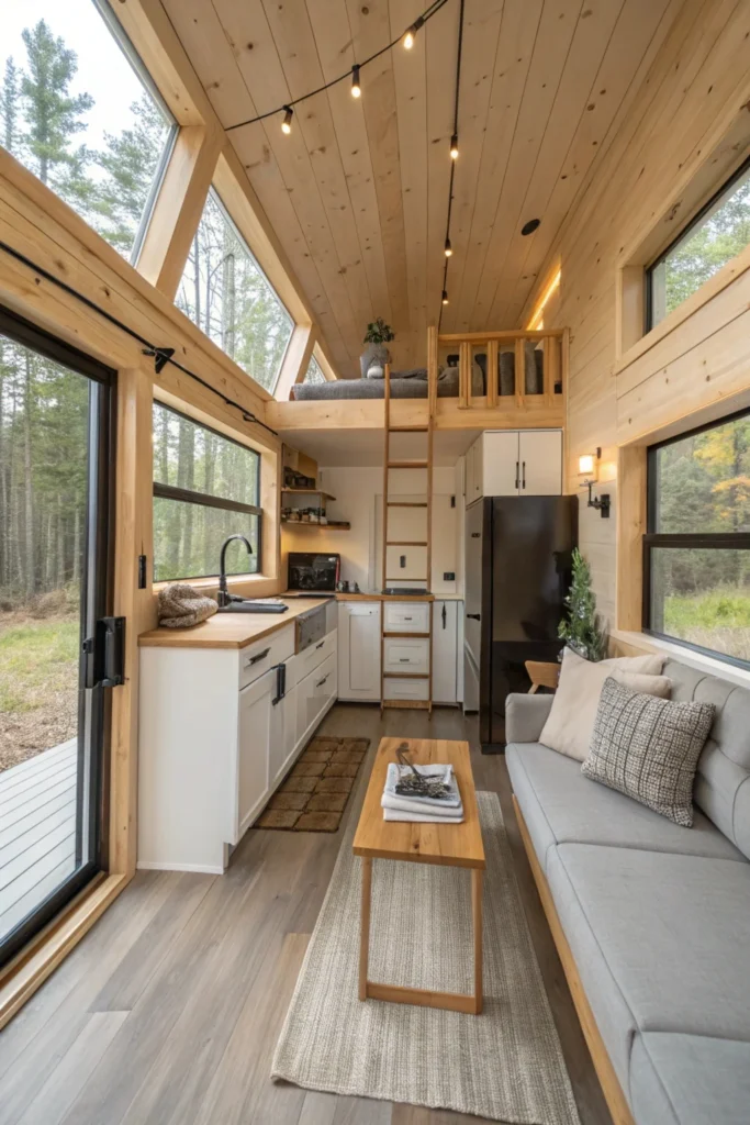 Cozy minimalist tiny cabin interior with an open-concept layout, featuring a compact kitchen, lofted sleeping area, large windows, and warm wood tones. A small seating area with a couch and coffee table adds a welcoming vibe