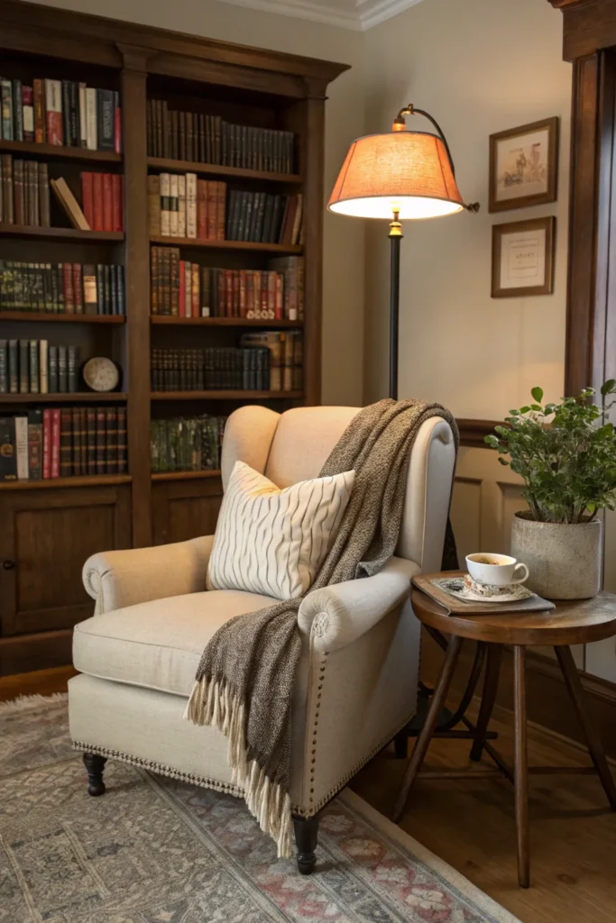 Cozy reading nook in a traditional home office with a comfortable armchair, a soft throw blanket, and cushions. Includes a small side table with a teacup and books, a floor lamp, and a bookshelf filled with leather-bound books and a potted plant.