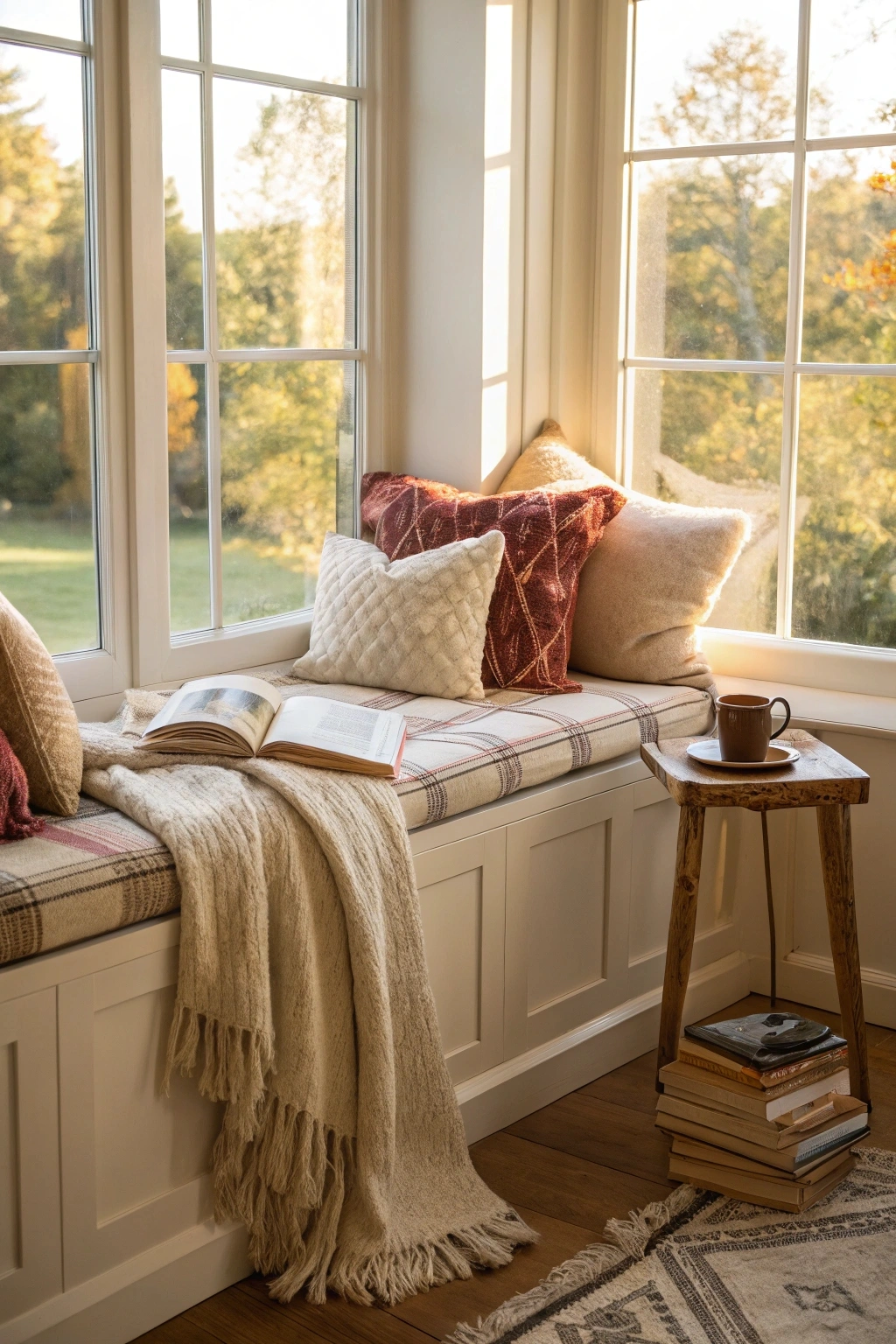 "Design a cozy reading nook shared with a pet, showcasing a comfortable chair, soft blankets, and a furry companion. Use warm lighting and a relaxed atmosphere."