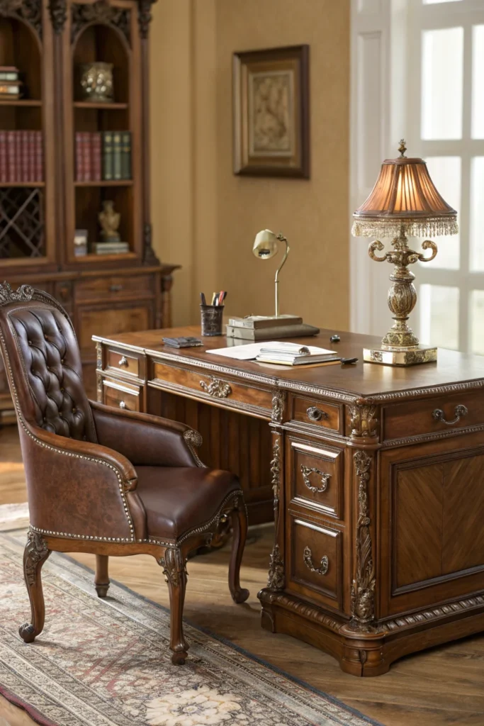 A traditional home office featuring a classic wooden desk made of rich mahogany with intricate carvings, paired with a luxurious brown leather chair. Includes a vintage desk lamp, a stack of leather-bound books, and a polished brass pen holder. Warm, neutral tones and soft lighting enhance the elegance of the workspace.