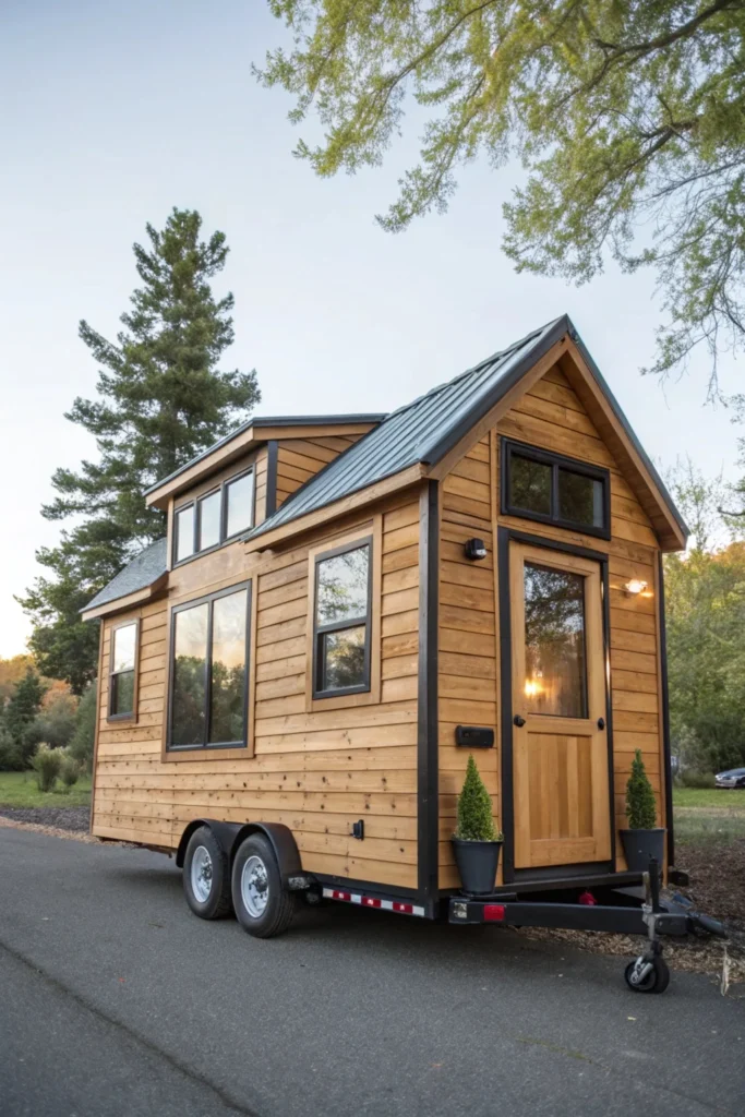 Mobile tiny cabin built on a trailer, featuring lightweight materials, a compact bathroom, and a fold-out deck. Large windows and a modern, minimalist design create a spacious, functional interior.