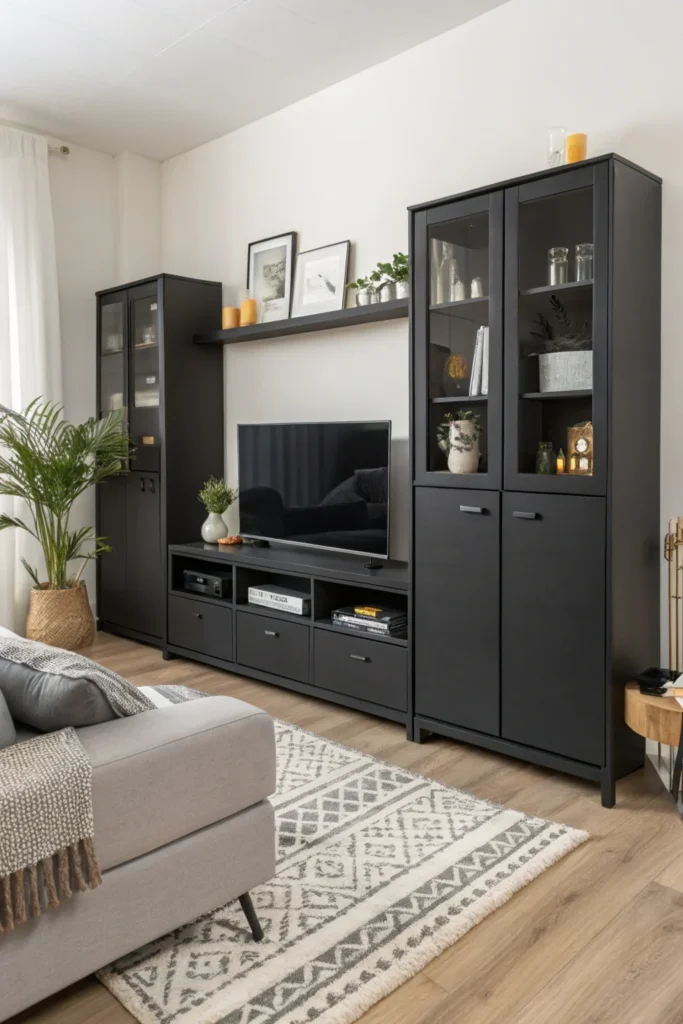 Modern living room with multi-functional cabinets that double as a TV stand and storage unit. The sleek, handle-less design includes pull-out drawers and open shelves for decor. The room features a minimalist sofa, a geometric rug, and subtle decorative accents.