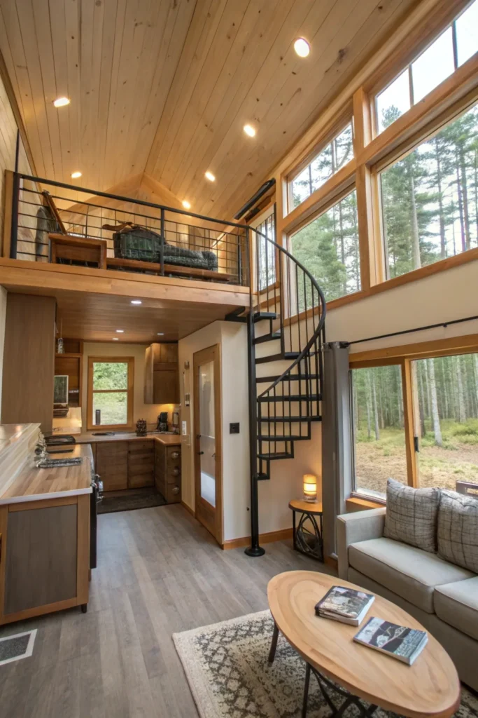 Multi-level tiny cabin interior with two lofted bedrooms, a spiral staircase, and a spacious living area. Warm wood tones, large windows, and built-in storage maximize space and functionality.