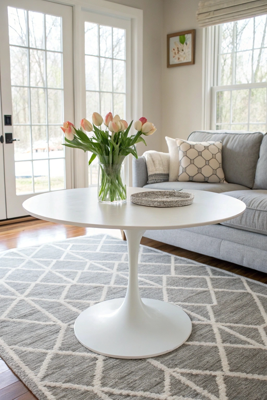 bright modern living room with the Saarinen Tulip coffee table, showcasing its white oval top and single pedestal base, complemented by a gray sofa and geometric rug.