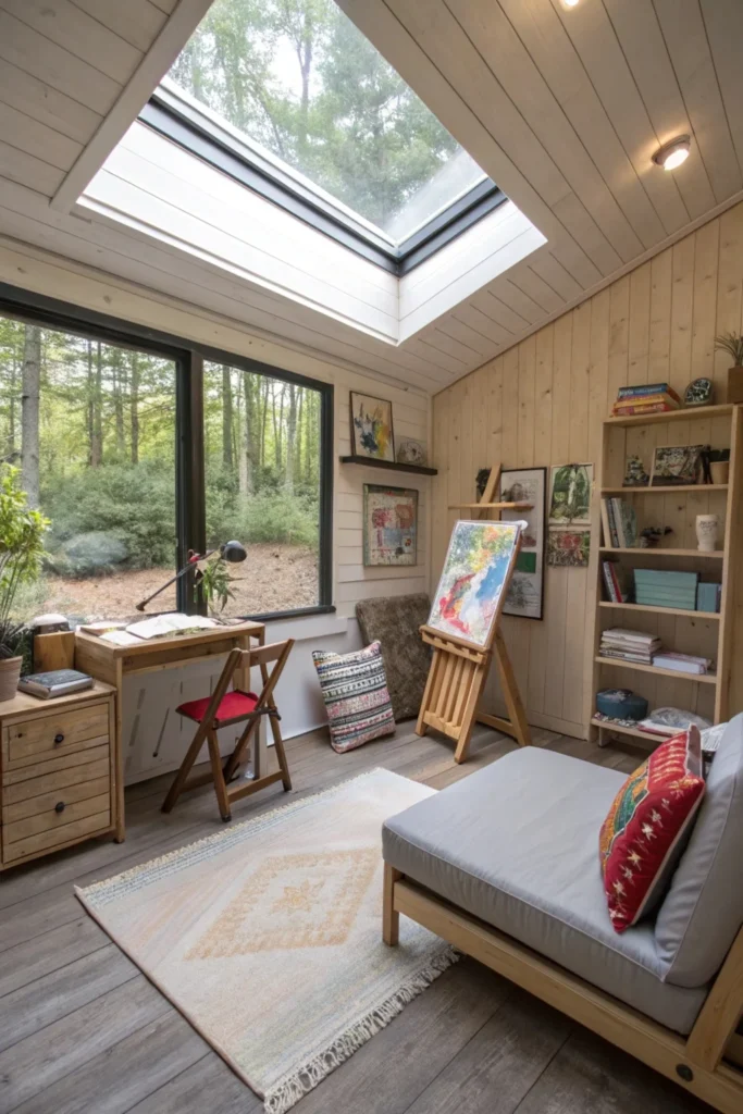 Tiny cabin interior designed as an artist’s studio, with a large skylight, foldable furniture, and ample storage for art supplies. A neutral color palette with pops of color inspires creativity.