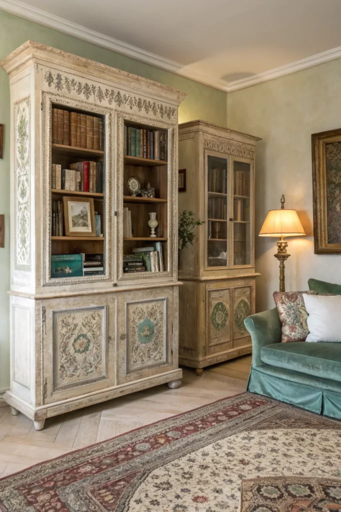 Vintage-inspired living room with antique wooden cabinets featuring intricate carvings. The cabinets display vintage books, old photographs, and classic decor. The room has a timeless charm, with a velvet sofa, Persian rug, and warm lighting.