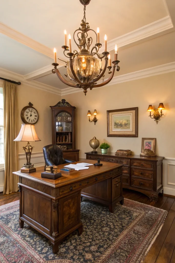 Traditional home office with a stunning brass chandelier as the centerpiece. Features a wooden desk with a bronze table lamp, warm wall sconces, and soft lighting. Includes a leather chair, a Persian rug, and antique decor like a vintage clock and framed artwork