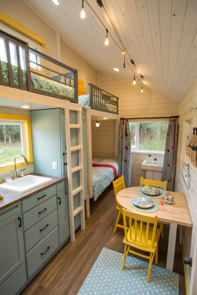 Family-friendly tiny cabin interior with bunk beds for kids, a small dining table, and a functional bathroom. Bright colors, durable materials, and built-in storage maximize functionality for family living.