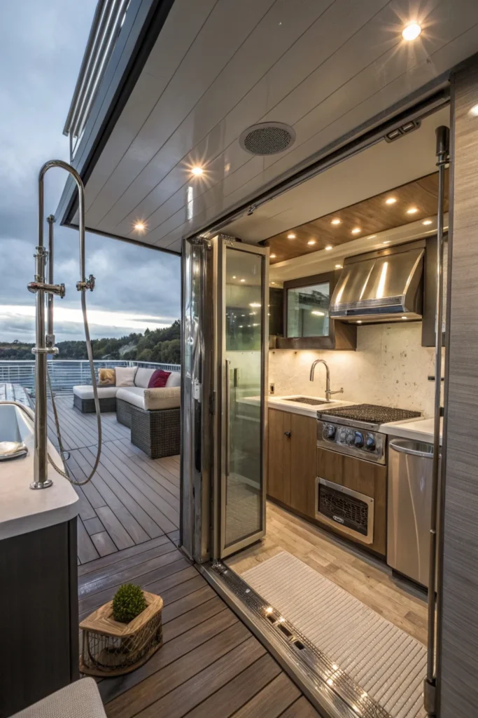 Luxurious tiny cabin interior with high-end finishes, including a spa-like bathroom, sleek kitchen, and small deck. Modern materials like glass and polished wood create a sophisticated, cozy atmosphere.