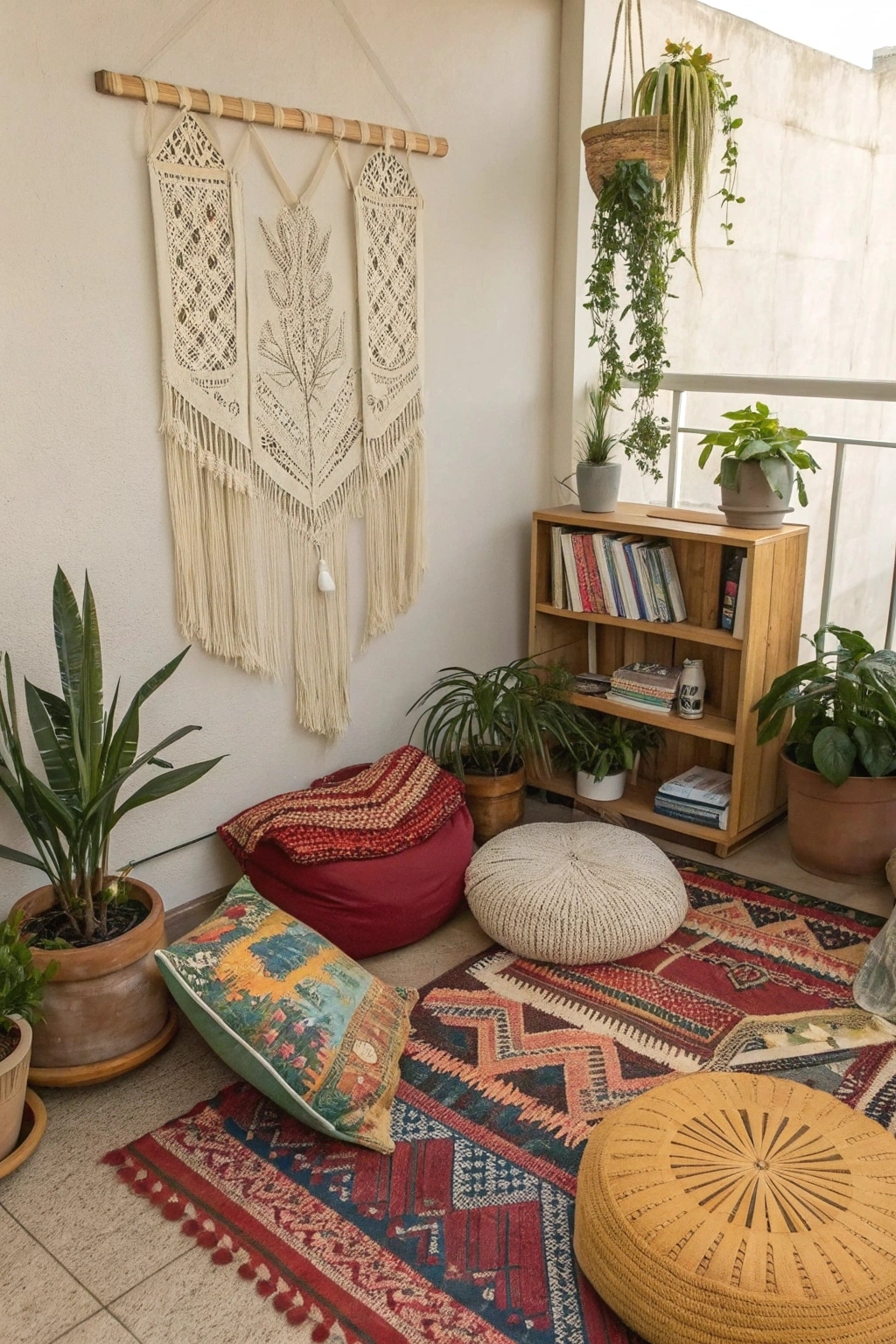 Relaxed bohemian-style reading nook with floor pillows, colorful rugs, macramé wall hangings, and potted plants