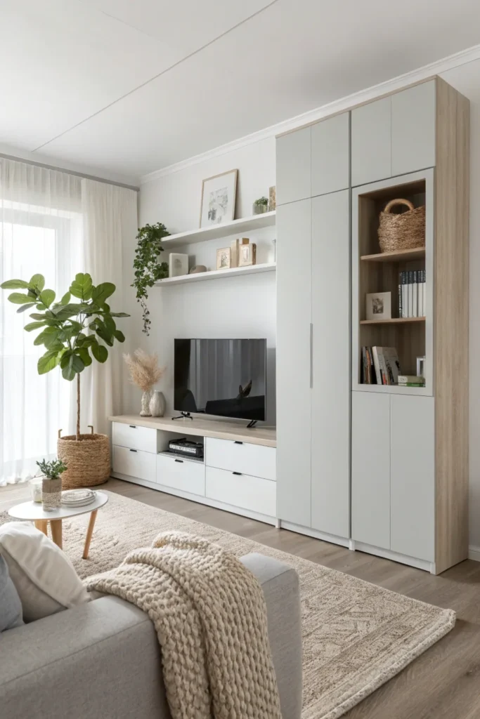 Scandinavian-style living room with minimalist, handle-less cabinets in white. The cabinets have hidden storage and open shelves with simple decor like a plant and ceramic vase. The room feels bright and airy, with a neutral palette and cozy textures