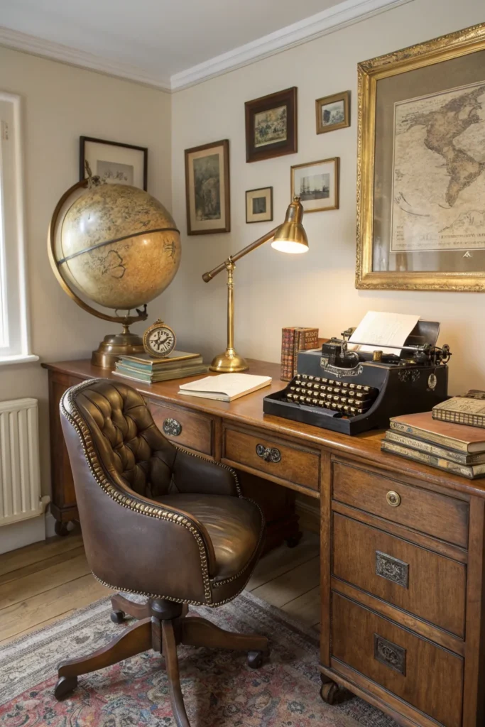 Traditional home office with a vintage vibe, featuring a wooden desk, a leather chair, and antique decor like a globe, a typewriter, and gold-framed photos. Includes a brass desk lamp, a stack of old books, and a small antique cabinet.